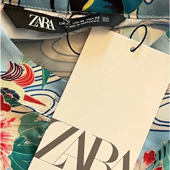 ZARA Floral Bird Tropical Belted Silky Kimono Shirt Dress/Kaftan Size XL NEW